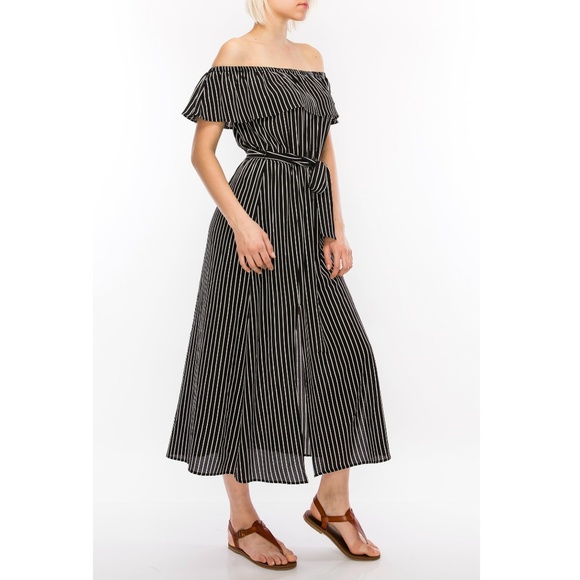 Black and White Striped Maxi Dress Off Shoulder - Picture 2 of 3